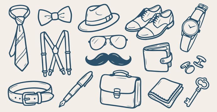 gentlemen accessories seamless pattern, hand drawn fedora hat line art, tie spectacles vector illustration, leather shoes briefcase doodle background, classic menswear sketch wallpaper, continuous vin