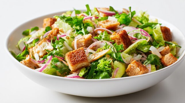 A clean commercial miso crunch salad composition isolated on a white surface with balanced shadows and expansive premium copy space