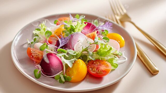 Vibrant fresh salad with cherry tomatoes, radishes, and edible flowers on ceramic plate