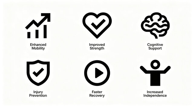 Rehabilitation training benefit icon, enhancing activity ability, improving muscle strength, assisting cognition, avoiding injuries, accelerating recovery, and improving life autonomy
