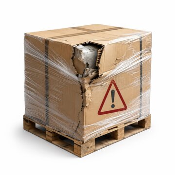 Damaged Warehouse Shipment with Broken Packaging and Logistics Damage Warning Isolated on White Background