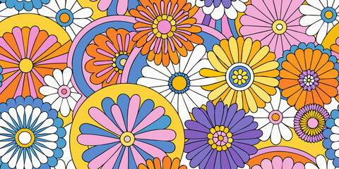 Retro floral ornament with overlapping petals and vibrant color scheme © Anik
