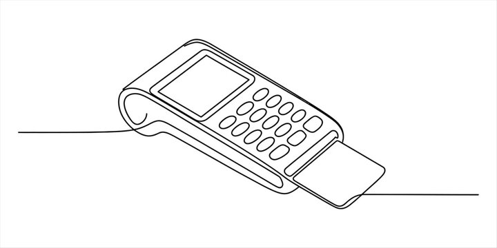 Continuous single line drawing of a payment terminal with credit card inserted for financial transaction processing in a minimal modern business style