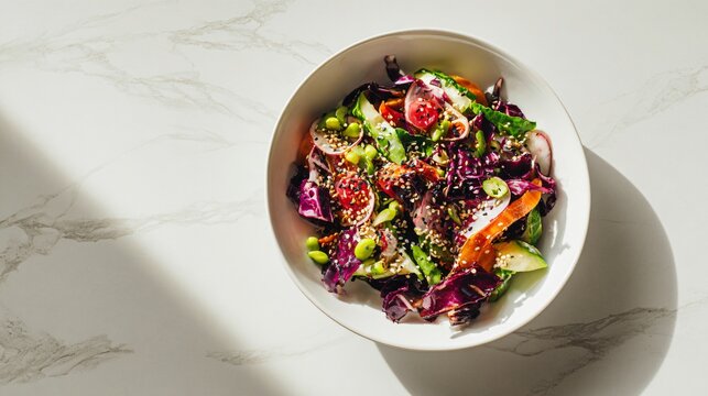 A clean product-style miso crunch salad arrangement styled minimally on a white marble surface with refined shadows and premium healthy food styling