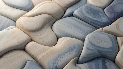 Fototapeta premium Smooth curved 3D stone and wood texture abstract background with organic pebble shapes and soft pastel blue and beige tones for modern interior design