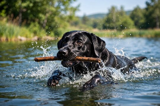 Black dog playing with stick in water