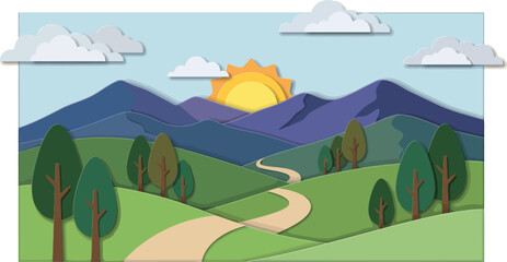 Paper Cut Landscape with Rolling Hills and Layered Nature Background © MDMOMINUL