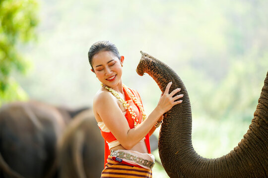 Portrait photo of a beautiful rural Thai woman in Thai northern traditional dress teasing and enjoy with trunk of Asian elephant outdoors and blurred background.