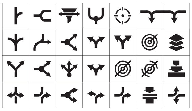 Set of black and white road junction and navigation line art symbols