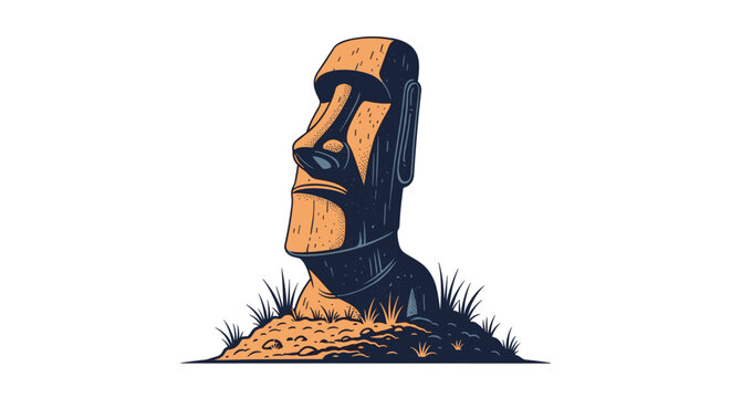 Stone moai statue from Easter Island standing on grassy hill in vintage woodcut retro illustration.