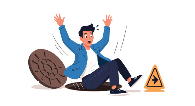 Shocked young man falling backwards into open street manhole with a yellow warning sign nearby on white background.