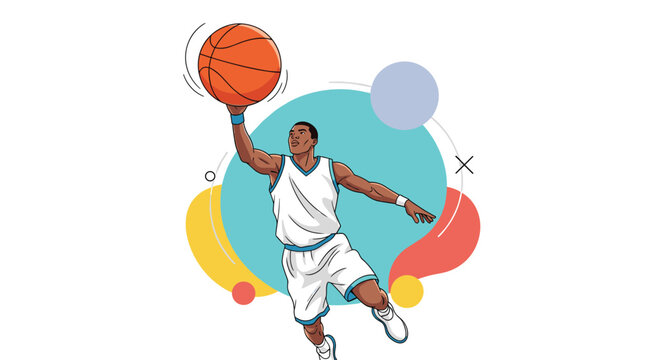 Athletic professional basketball player jumping high to slam dunk the ball against colorful abstract shapes background.