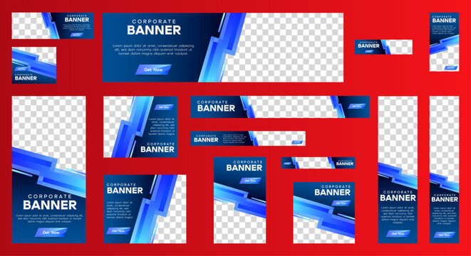 set of blue background for web ad banner template with text and image spaces. vector	
