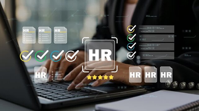 Businesswoman managing digital employee records with animated HR icon, workforce planning dashboard, personnel documentation, approval checklist and modern human resources management platform