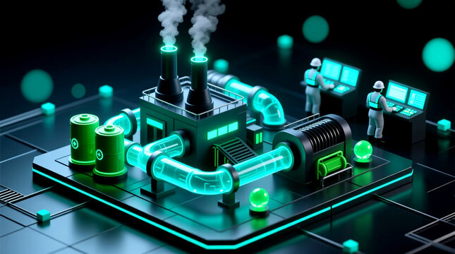 3D isometric render depicting net zero decarbonization pipelines with glowing clean technology nodes in industrial factory for sustainable finance ESG investment