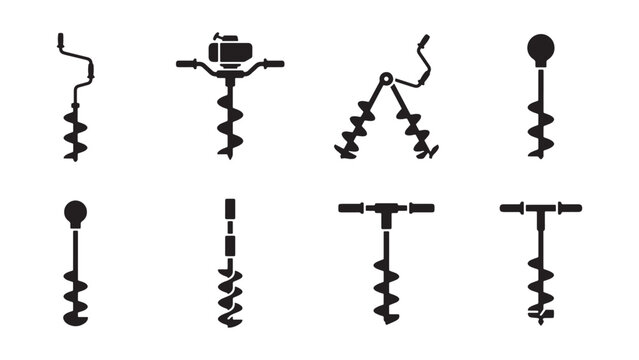 Black silhouette icons showing various earth drilling equipment including manual hand augers mechanical post hole diggers and industrial boring tools for construction and agricultural field