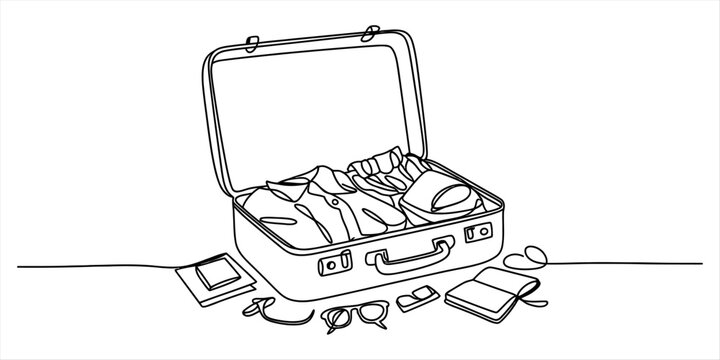 Open travel suitcase with clothes and accessories drawn in a continuous line art style for vacation packing concept
