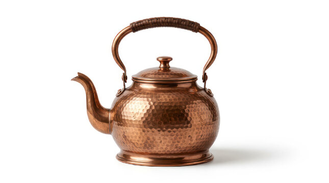 Antique hammered copper teapot with ornate handle and spout.