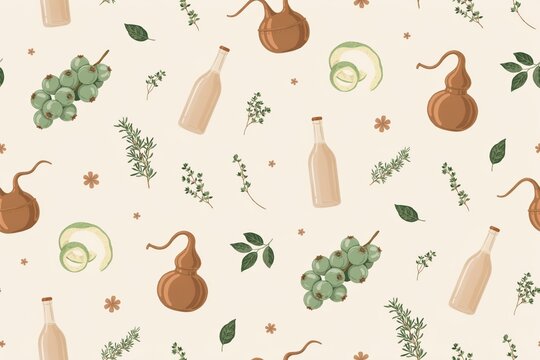 Seamless pattern with perfume making ingredients including green grapes, aromatic herbs, glass bottles, and copper alembic stills on beige