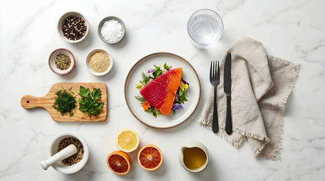 Colorful gourmet fish fillet dish served with fresh citrus and healthy vegetable side ingredients preparation restaurant vegetables culinary gastronomy