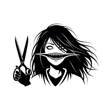 Horror Woman with Scissors and Scary Mouth.