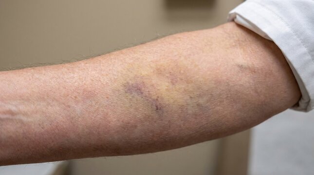 Close up of a large healing bruise and hematoma on human inner arm skin after injury or blood draw