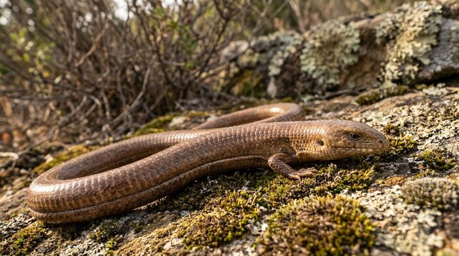 Wild European legless lizard resting on a mossy stone, detailed close-up of a bronze Scheltopusik in its natural habitat