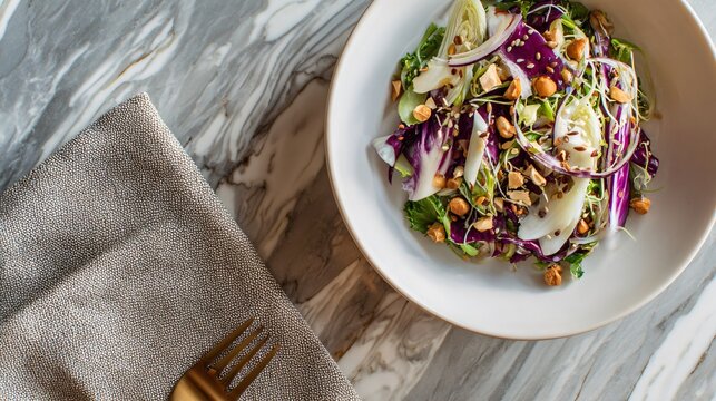 A modern flat lay of miso crunch salad styled asymmetrically on a marble surface with refined editorial composition and subtle reflections