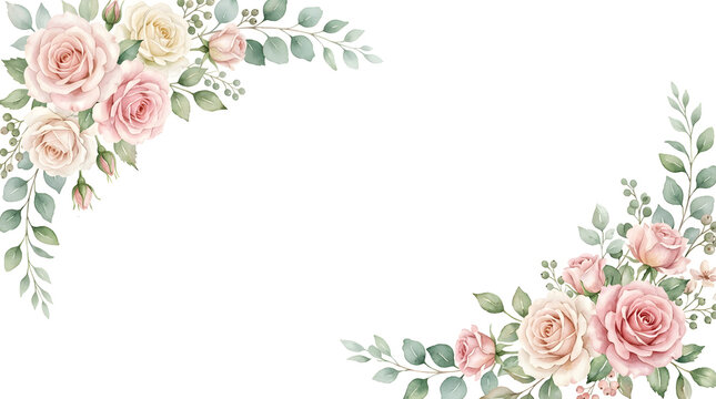 Watercolor rose corner arrangement with eucalyptus ideal for wedding invitations and stationery design