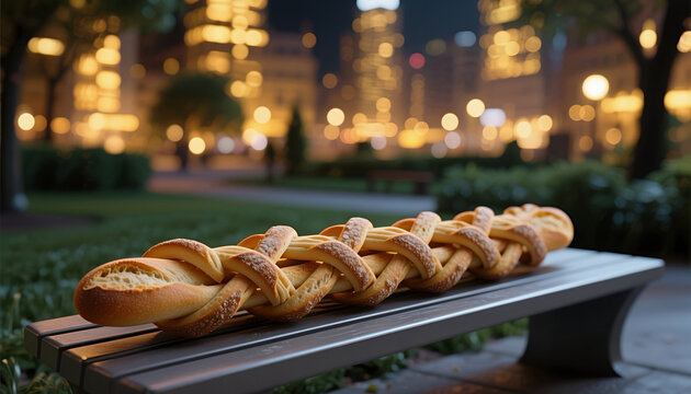 Freshly baked bread loaf displayed on a park bench at night  