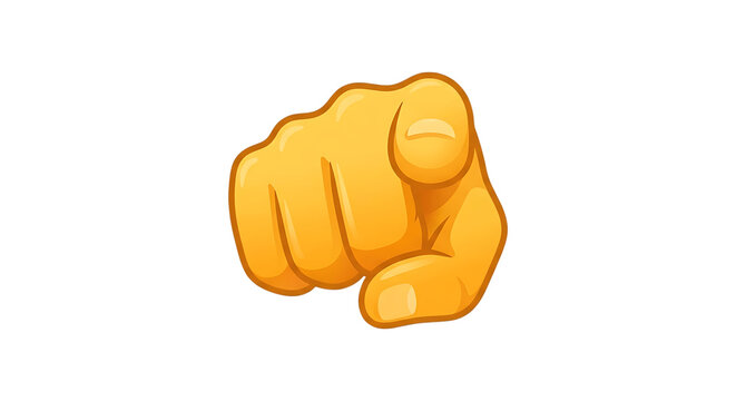 Stylized golden yellow vector emoji hand icon, pointing index finger directly at viewer, isolated on white background.