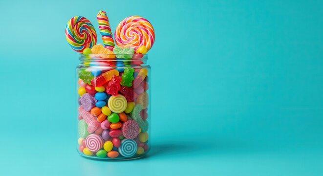 Colorful candies in a jar with lollipops