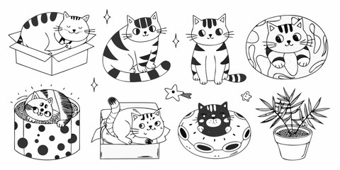 Collection Of Black And White Line Art Cat Illustrations With Potted Plant © Asish