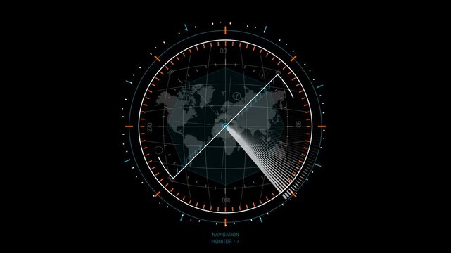 Futuristic Sci Fi HUD Global Navigation Monitor Radar Scanner with World Map for Route Tracking and Surveillance