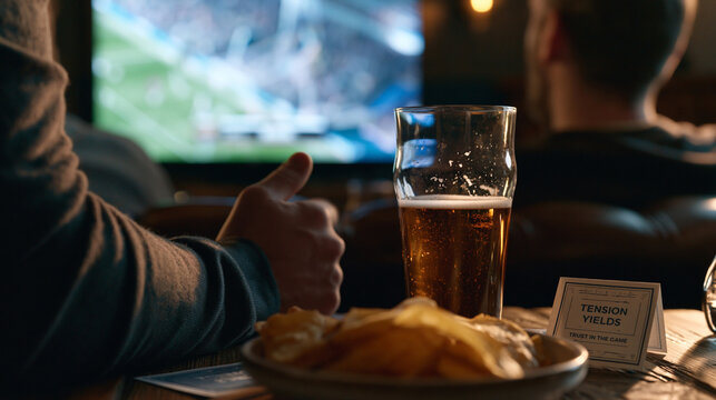 A glass of cold beer and a bowl of potato chips on a wooden table with friends watching a football game on a blurred TV screen.