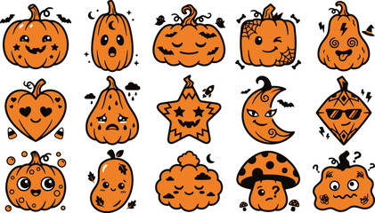 Naklejka premium Cute halloween characters pumpkins ghosts and spooky treats for festive fall designs