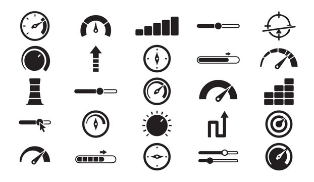 Speedometer gauge control icons for performance and measurement with bars graph