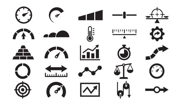 Set of black business and analysis icons including charts and gauges