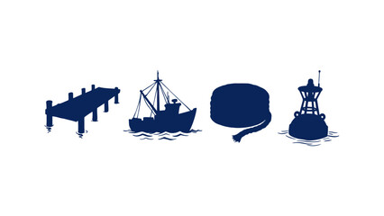 Nautical silhouette icon set featuring a wooden pier, fishing boat, coiled rope, and marine buoy vector illustration © Iqbal