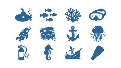 Underwater and scuba diving vector icon set featuring submarine diver anchor treasure chest and marine life for ocean exploration designs © Iqbal