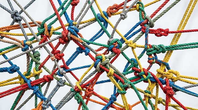 Abstract background of colorful intertwined ropes with knots isolated on white background