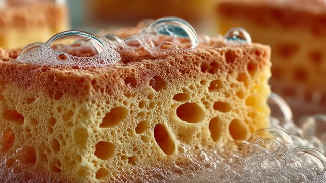 Yellow porous sponge absorbing water and creating soap bubbles in a macro view