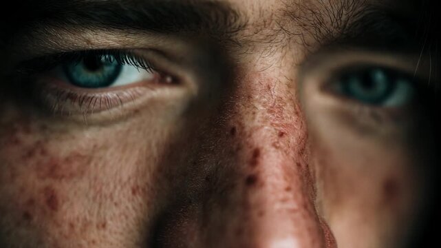 Extreme close-up of a serious young man with blue eyes and freckled skin opening his eyelids