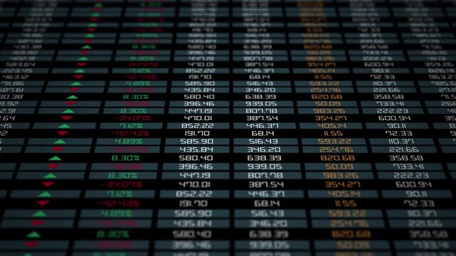 Finance fund stocks price increase and decrease charts arrow up and down, ticker display. table grid Stock exchange screen number with financial trade index rates
