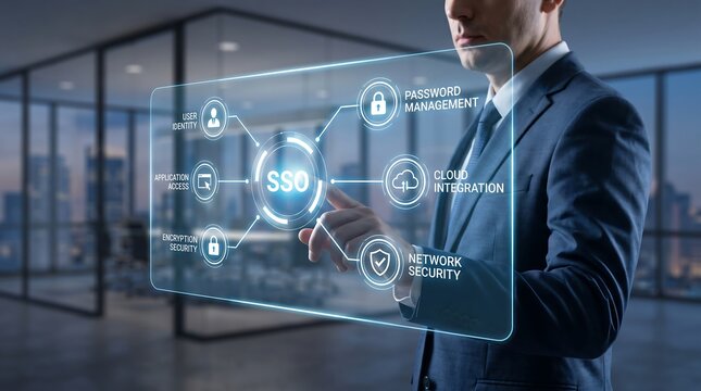 Businessman touching SSO interface digital screen for secure enterprise identity management and network cyber security