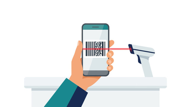 Hand holding mobile phone scanning barcode with laser at checkout counter flat vector illustration