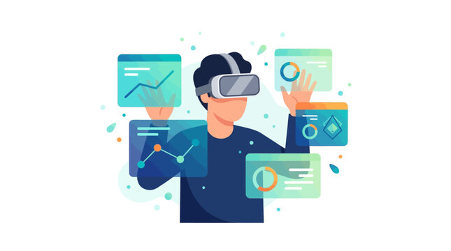 Professional faceless man using VR headset to analyze floating financial data dashboards flat design vector illustration