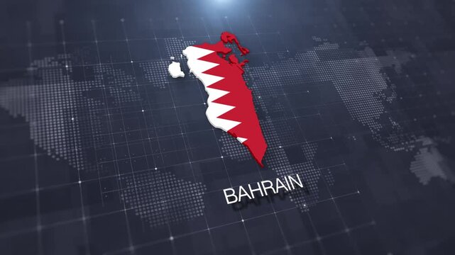 Bahrain map with national flag on digital world map background, geographic border, global political and international news concept