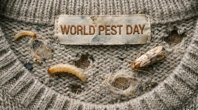 Moth larvae and insect on wool sweater with hole. World Pest Day concept. Damaged clothing fabric caused by textile pest infestation. Household item ruined by parasite for pest control.