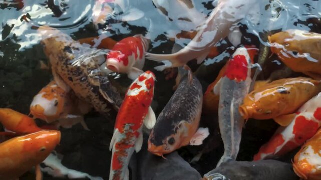 Footage of a school of koi fish opening their mouths at the surface